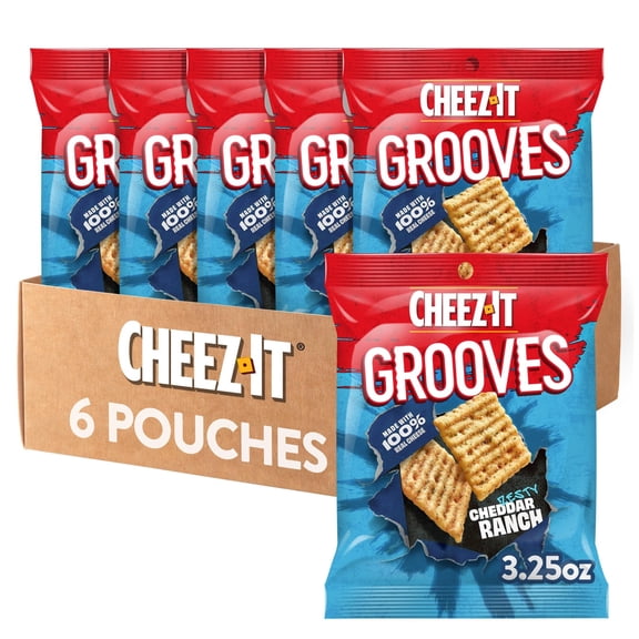 Cheez-It Grooves Crunchy Cheese Crackers, MDA05 Snack Crackers, Lunch Snacks, Zesty Cheddar Ranch (6 Pouches)
