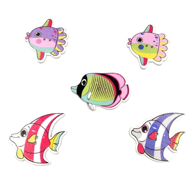 50pcs Cartoon Fish-Shaped Pattern Decorative Button Creative Wooden Buttons Novelty Mixed Random Fashion Round 2 Holes Buttons for Sewing Crafting Scrapbook(30-36mm)