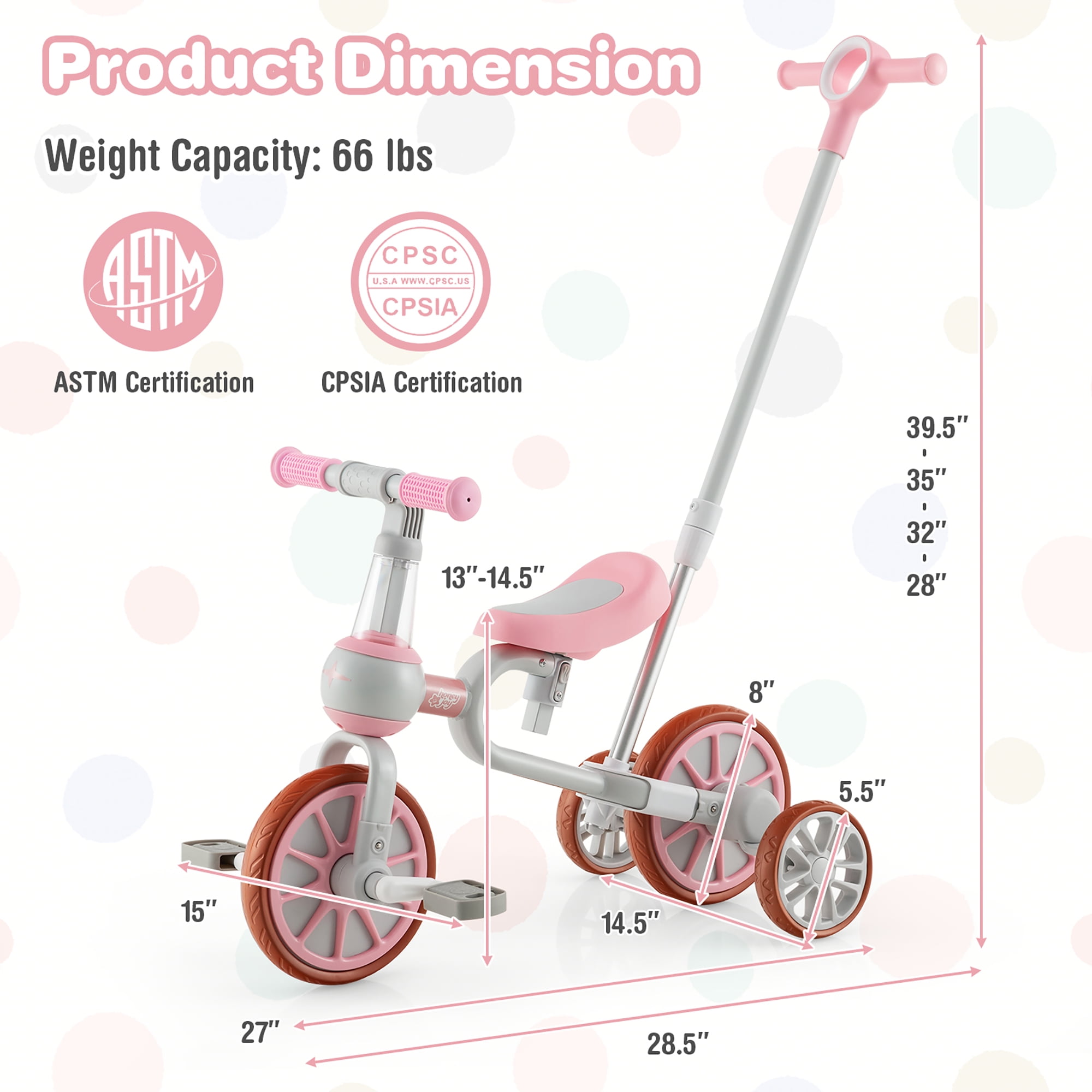 Costway 4 in 1 Kids Tricycles with Push Handle Training Wheels Baby Balance Bike Pink