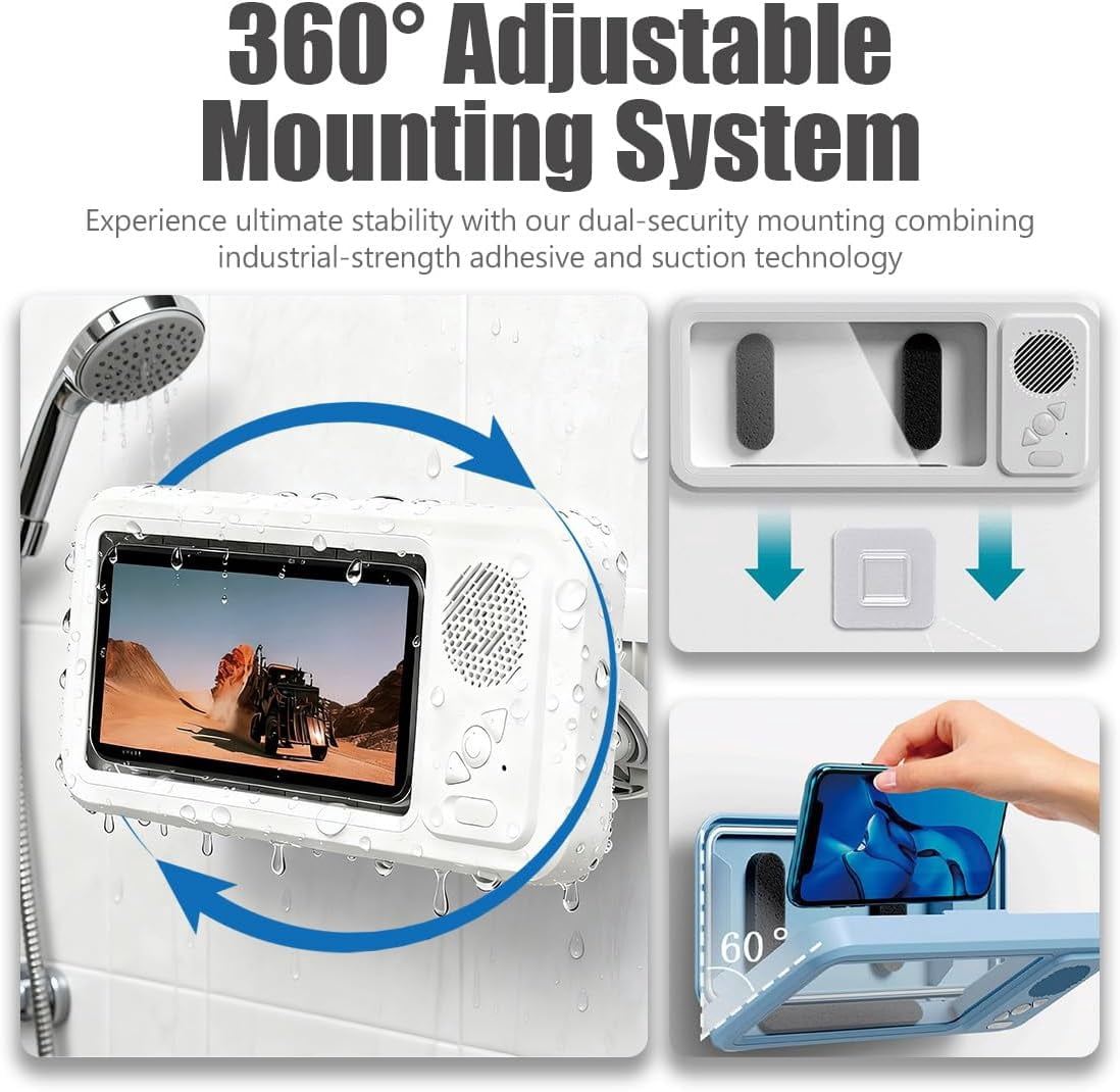 LOUQIBINE Shower Phone Holder with Bluetooth Speaker, 100% Waterproof and Fog-Proof Design, 360° Rotation Mount for Bathroom Use, Compatible with Phones Under 9 Inches