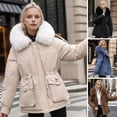 thumbnail image 2 of Winter Women Cotton Jacket Furry Hood Thickened Plush Long Sleeves Elastic Waist Pockets Zipper Closure Coat Mid Length Windproof Warm Down Coat, 2 of 7