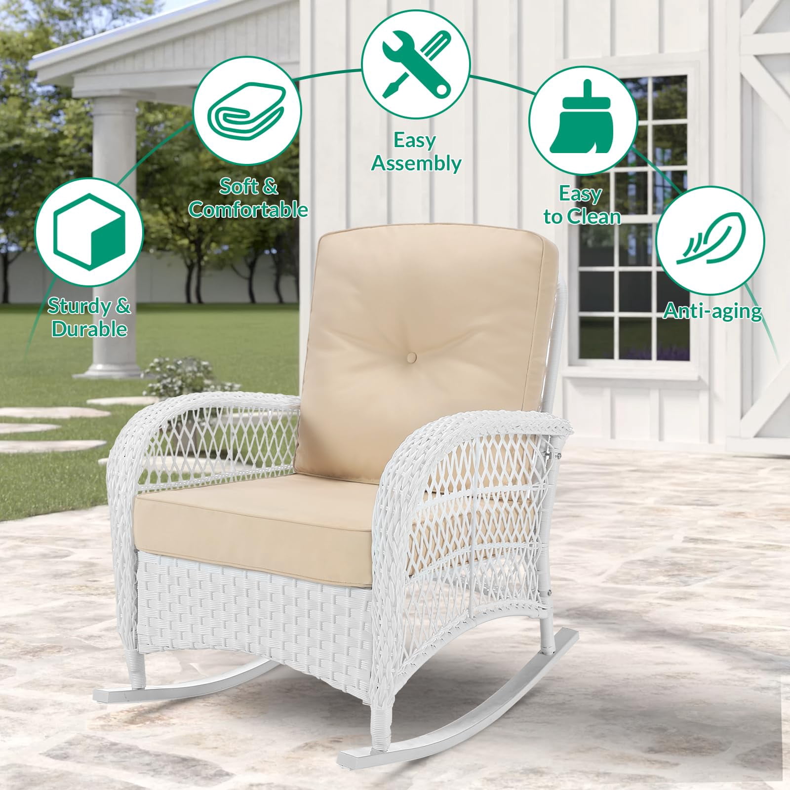 VIVIJASON 3-Piece Outdoor Conversation Bistro Set, Patio Wicker Rocking Chairs Rattan Furniture Sets w/ 2 Rattan Chairs, Cushions, Glass Top Side Table for Garden Porch Backyard (White Wicker/Beige)