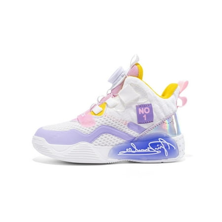 

UKAP Kids Lightweight Trainers Training Rotary Knob Sports Round Toe Sneakers White Pink 7.5