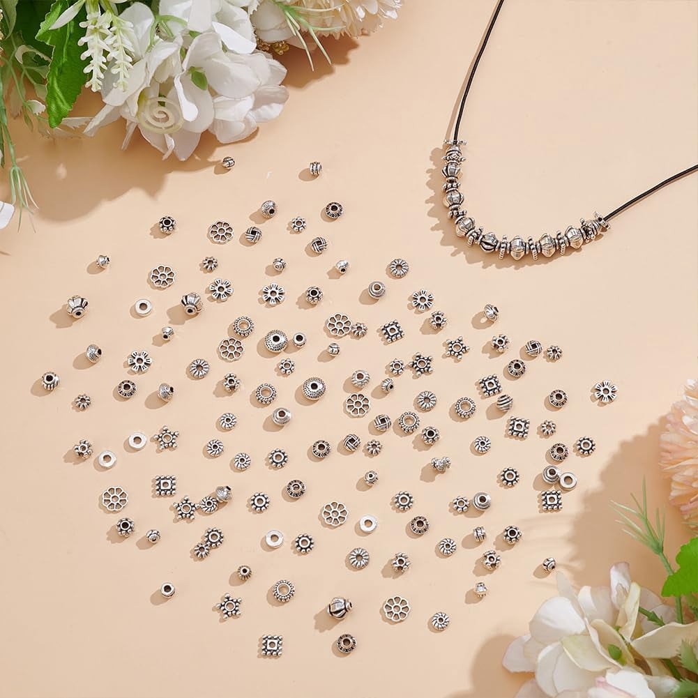 864Pcs 24 Styles Tibetan Style Alloy Spacer Beads Metal Silver Flat Round Bicone Flower Charm Spacers Loose Beads for Jewelry Making Bracelets Necklace DIY Craft