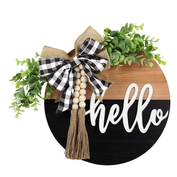 Kadxy Front Door Welcome Sign, Round Hello Wood Sign Hanging Welcome Sign Farmhouse Spring (Black)