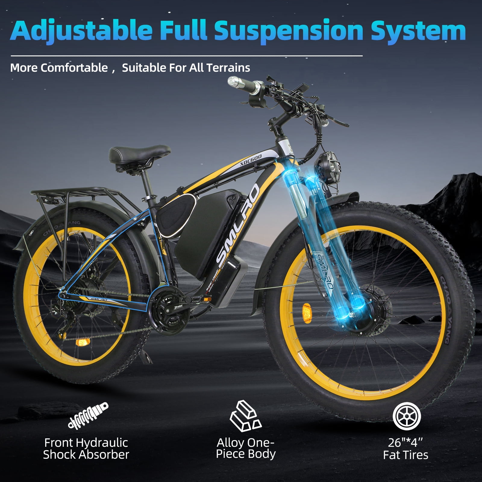 Electric Bike for Adults, 26x4.0 Fat Tire E-Mountain Bicycle, Peak 5000W Motor 52V-30Ah, Mountain Bike Beach Snow Ebike for Men, Yellow