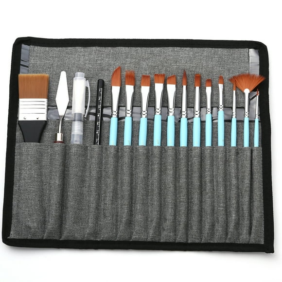 18-Piece Nylon Watercolor Brush Set with Acrylic Brushes and Canvas Storage Bag in Light Blue