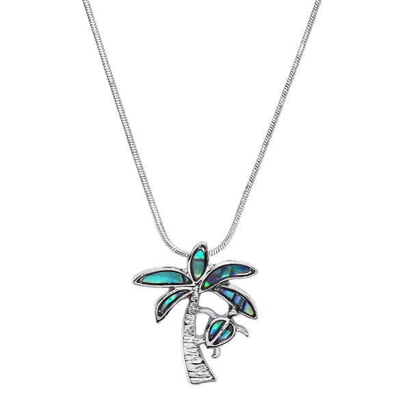 Palm Tree & Sea Turtle Pendant Necklace Abalone Shell Rhodium Plated 17 Inch Link Chain J1046