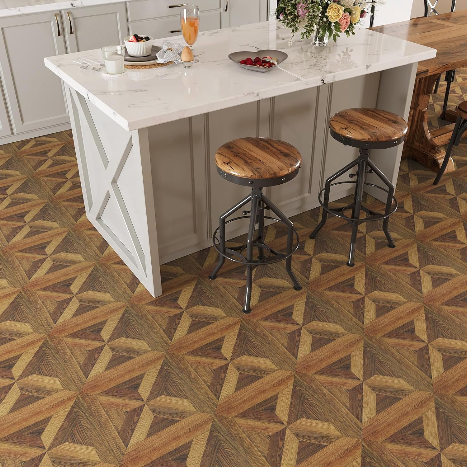 Retro Wood Grain Parquet Peel and Stick Floor Tile Waterproof Linoleum Flooring Roll 12''x118'' Self Adhesive Vinyl Sheet Flooring Tile Sticker for Bathroom Bedroom Kitchen Floor Covering Roll