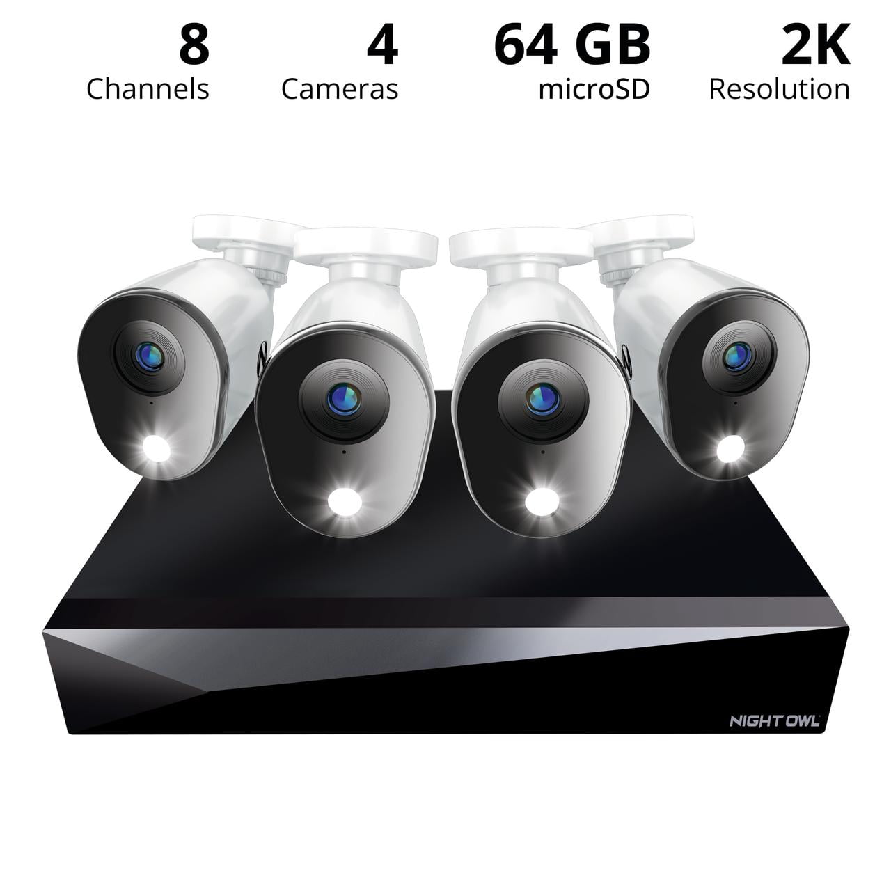 Night Owl 4 Channel 2K DVR with 4 Wired 2K Cameras, 64GB Mic