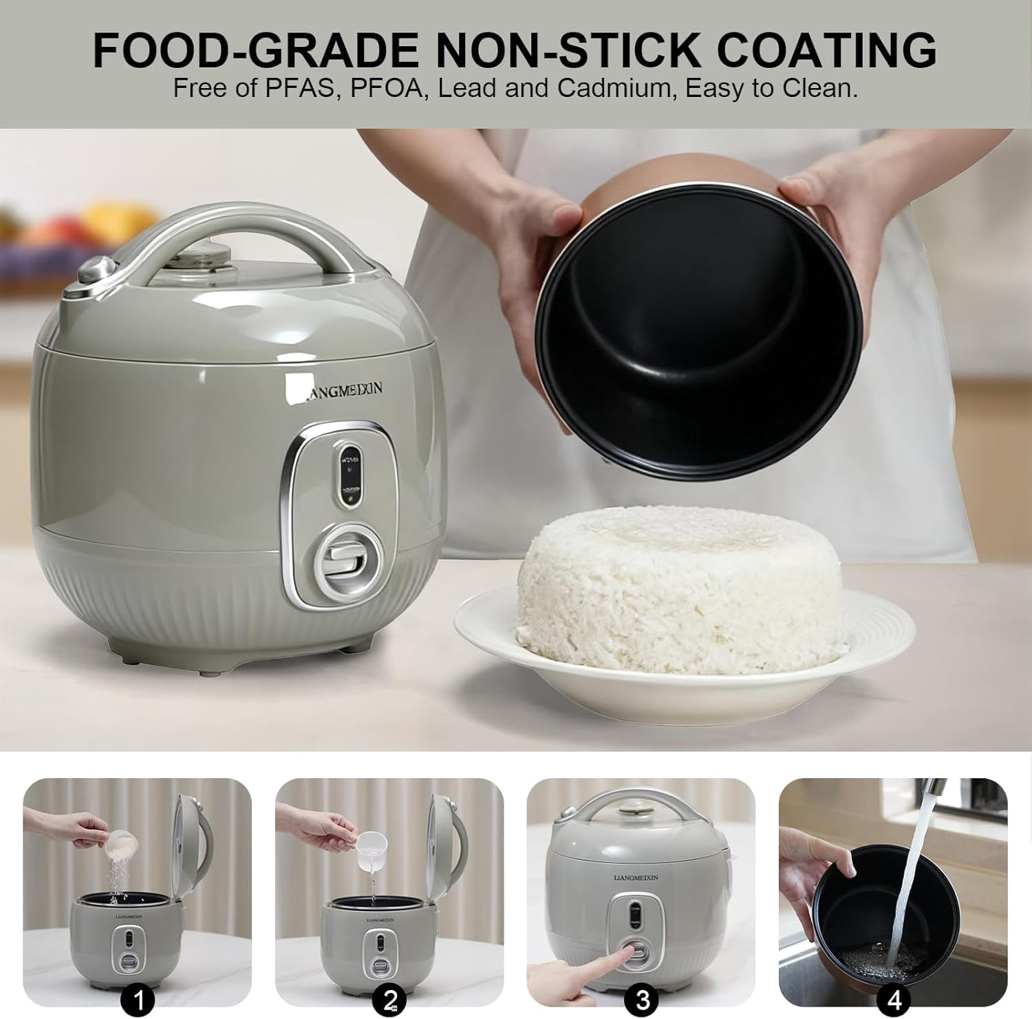 Small Rice Cooker 4-Cup Uncooked 2 Quart Non-Stick  Steamer Auto  Warm  Green for 1-3 People
