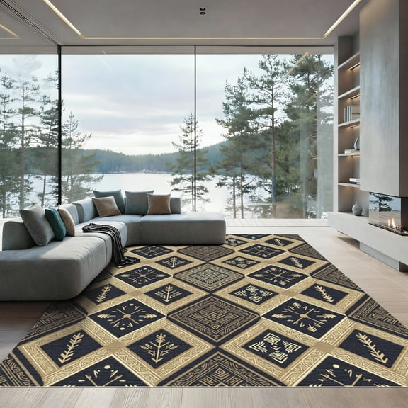 ODIKA 4'x6' Machine Washable Non-Slip Area Rug, Aztec Black High Traffic Rug, Black, 949566