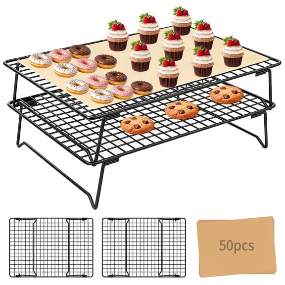 XYHOOK 2-Tier Stackable Wire Cooling Rack for Baking and Cooking, 13 x 9 Inch Small Cooling Grid with Legs for Cookies, Pizza, and Cakes, Includes 50 Pcs Baking Paper