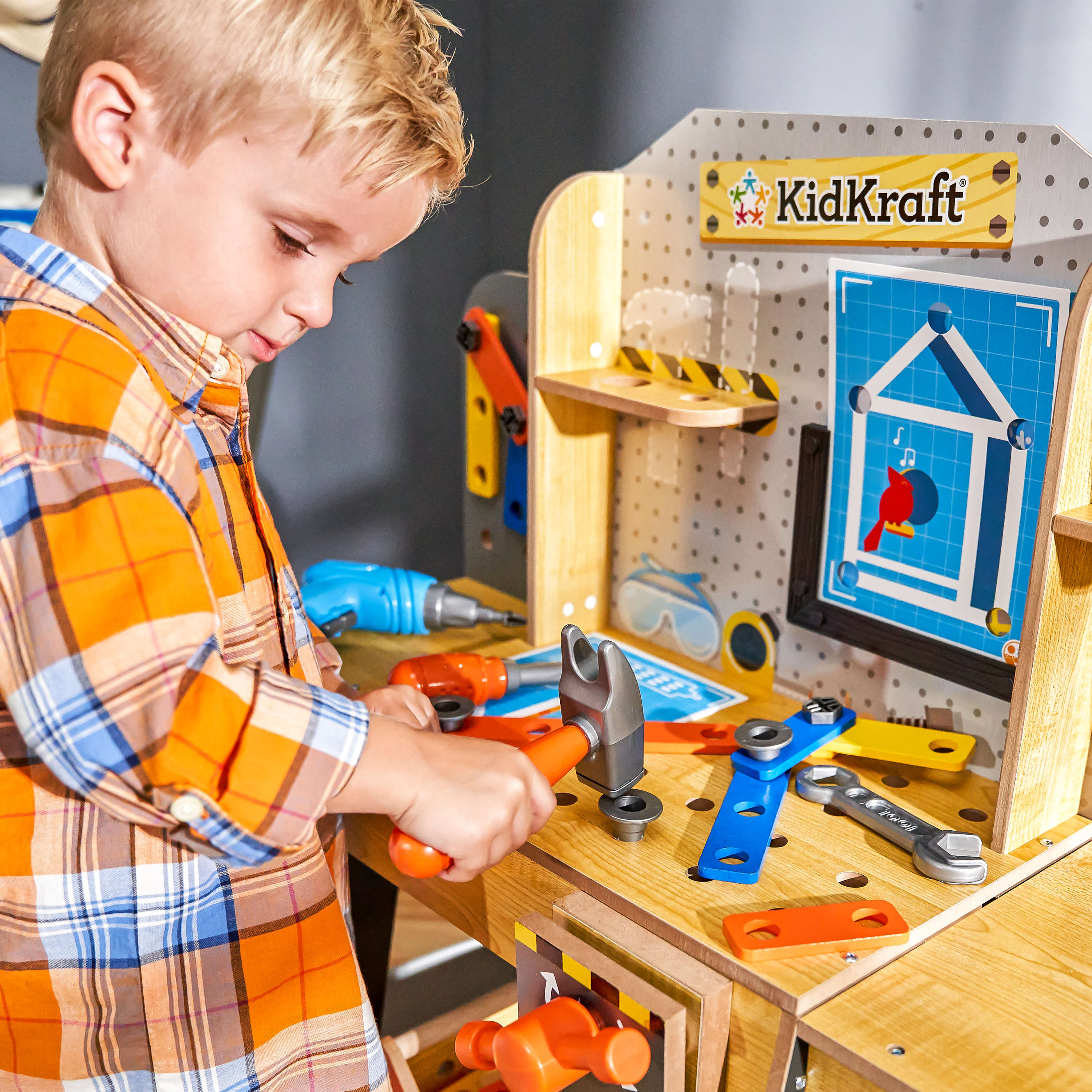 KidKraft Blueprint Build Wooden Play Workbench with 40+ Accessories and Working Drill