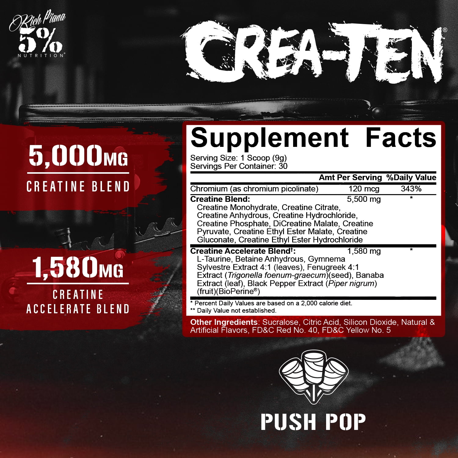 5% Nutrition CreaTEN Flavored Creatine Powder Supplement for Muscle Gain Max Power Strength Endurance and Recovery (Push Pop)
