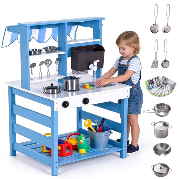 Brinjoy Kids Kitchen Outdoor Playset, Double-Sided Wooden Kitchen w/Realistic Faucet, Removable Sink, Cooking Toys, Menu, Pretend Mud Kitchen, Backyard Mud Table, Gift for Boys Girls Toddlers