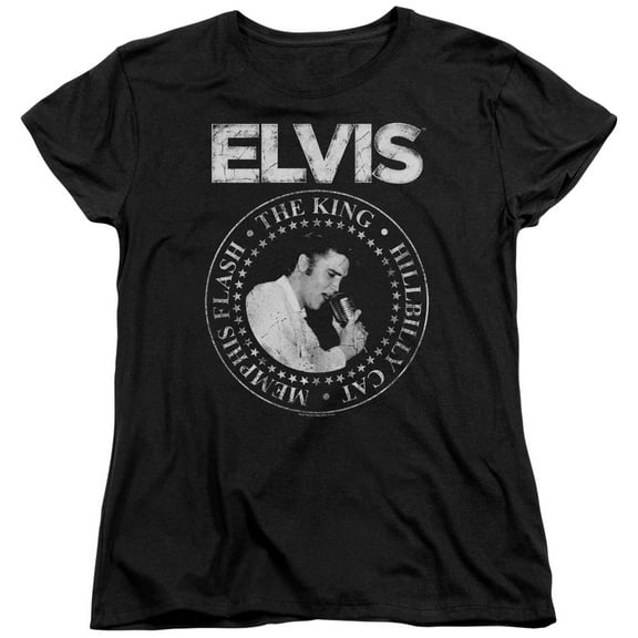 Trevco ELV868-WT-1 Elvis Presley Rock King Short Sleeve Womens T-Shirt, Black - Small