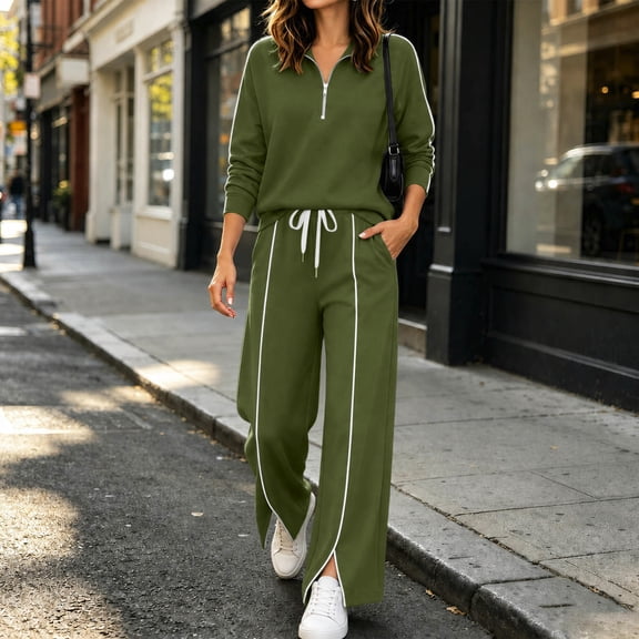 Xdegoge Womens 2 Piece Sweatsuits Half Zip Pullover Sweatshirt and Slit Wide Leg Pants Casual Lounge Sets Athletic Tracksuit