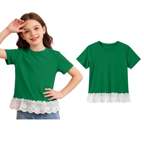 Girls' Tees Short Sleeve Cute Lace Hem Crewneck T Shirts Casual Pullover Tops Summer Tops for Girls 11-12 Years