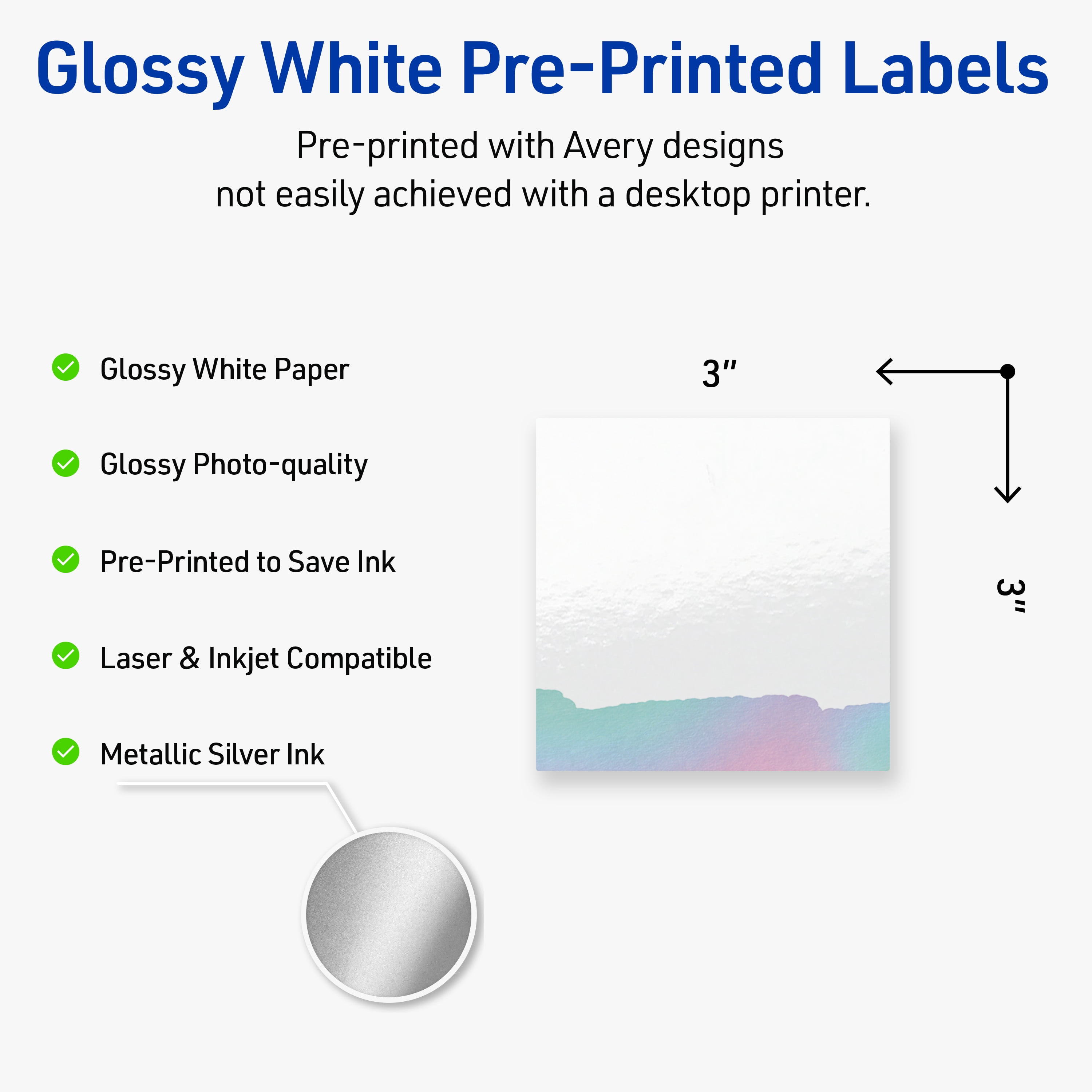 Avery Square Labels, Watercolors Design, 3" x 3", 60ct, Glossy, Iridescent Watercolors