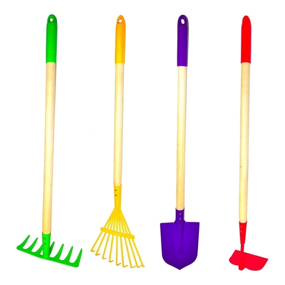 G & F JustForKids Kids Garden Tool Set Toy, Rake, Hoe & Leaf Rake Reduced Size, Metal Spade, 4-Piece