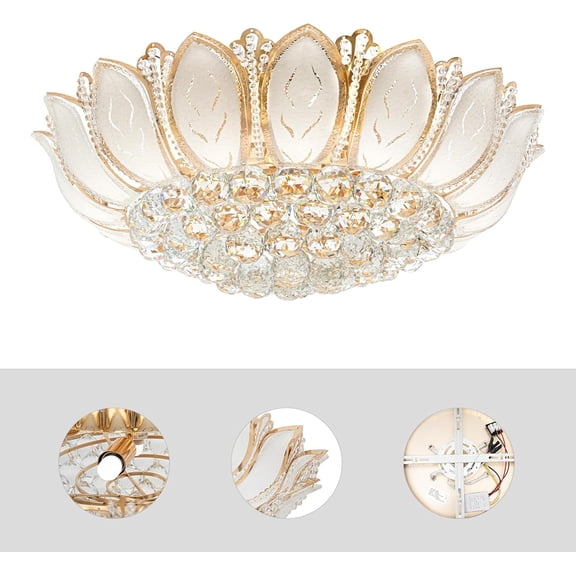 23.62Inch Lotus Crystal Chandelier, Gold Flush Mount w/Remote E12 7-Light for Living Room Dining Bedroom