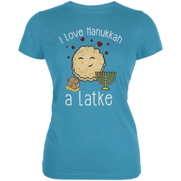 I Love Hanukkah A Lot Latke Juniors Soft T Shirt Aqua MD