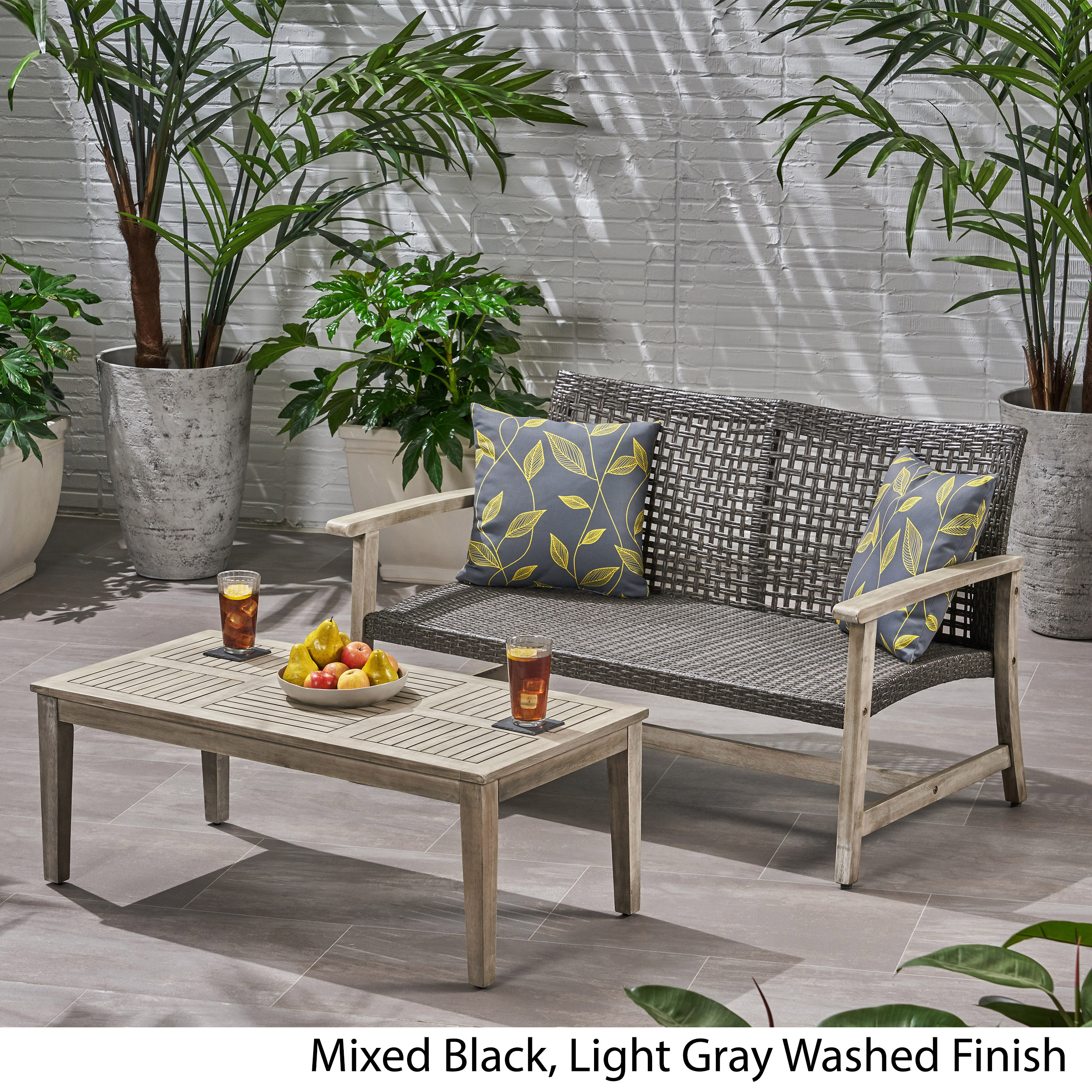 Camdyn Outdoor Wood and Wicker Loveseat and Coffee Table Set, Mixed Black