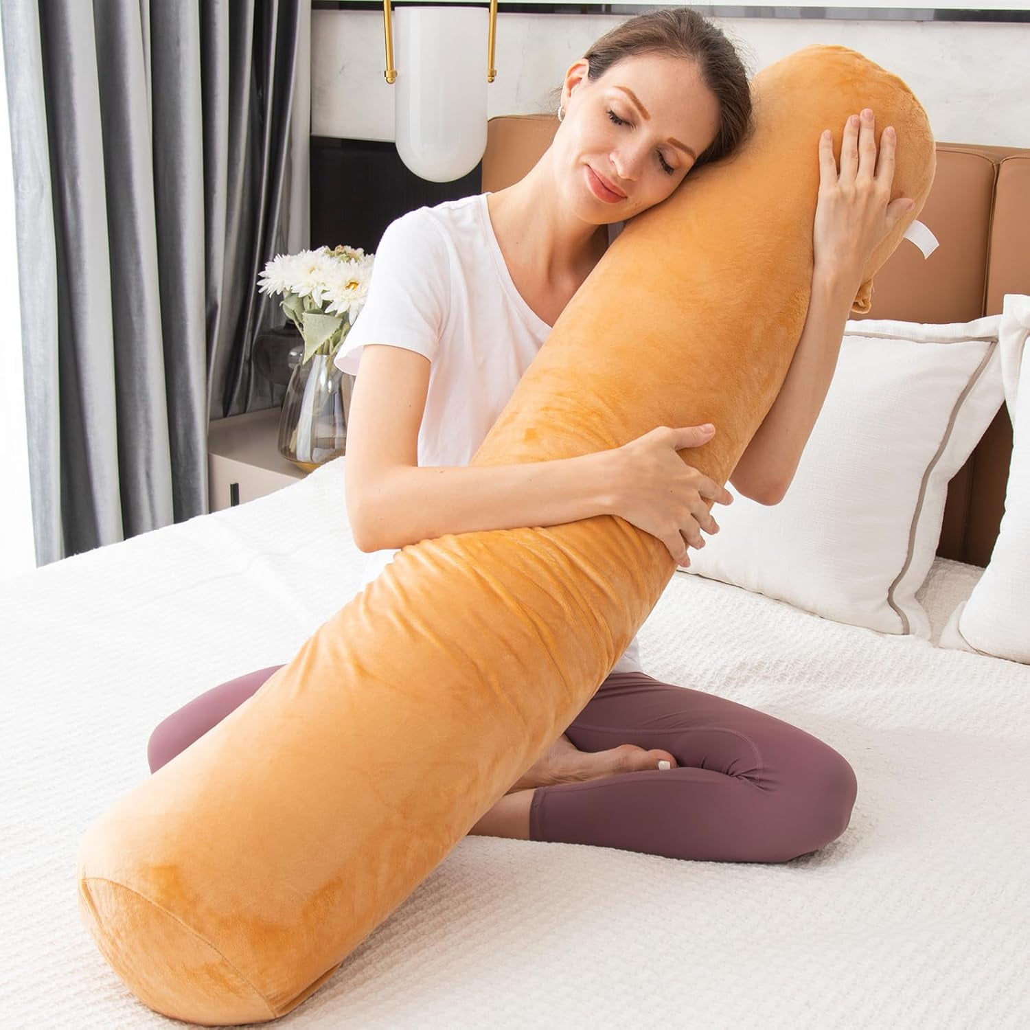 Bolster Pillow for Bed, Long Round Body Pillow for Adults with Removable Velvet Cover, Decorative Tube Roll Cylinder Pillow,