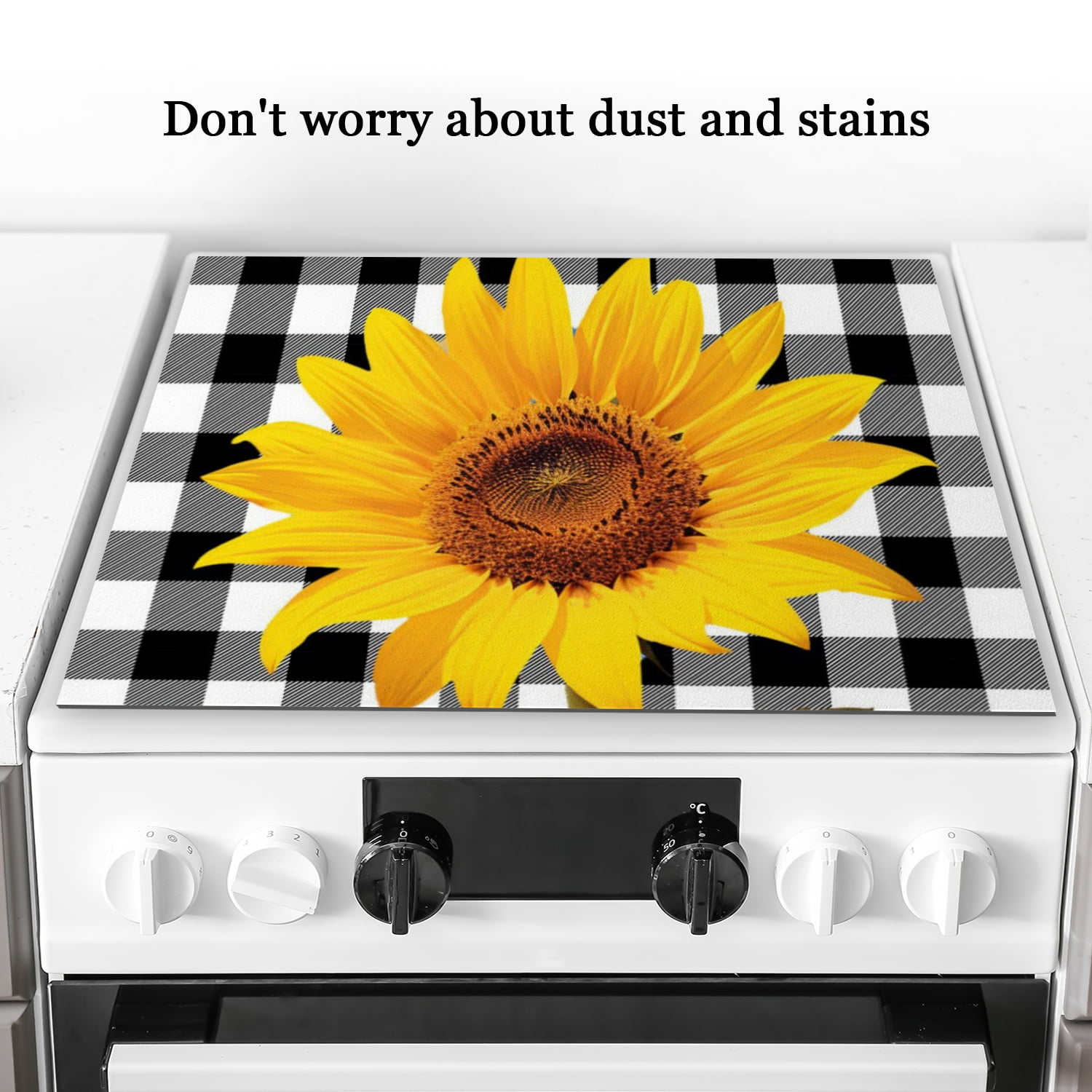 Stove Top Cover For Gas Stove, Sunflower on Checkered Background Non-Slip Ceramic Cooktop Cover, Washable Foldable Modern Decorative Mats for Kitchen RV (28×20 Inch)