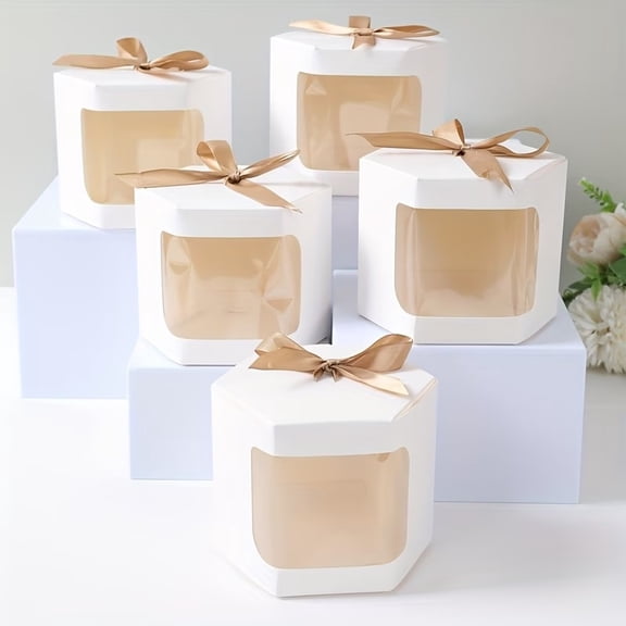 10 hexagonal kraft paper boxes with windows, perfect for small gifts, suitable for weddings, birthday celebrations and baby shower decorations