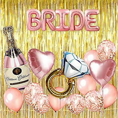Bachelorette Party Decorations Kit | Rose Gold Bridal Shower Engagement Supplies- XL Bride Balloon Letters, Ring Balloon, Champagne Balloon, Fringe Photo Booth Backdrop, Pink Confetti Balloons & More