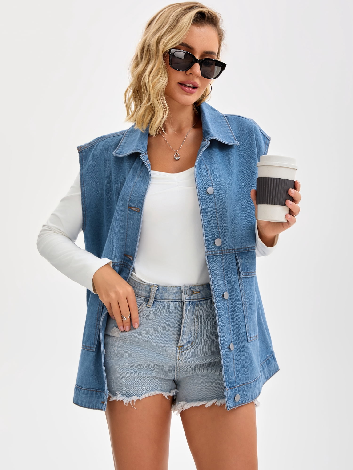 DARING DIVA Women's Button Down Oversized Sleeveless Utility Jean Jacket L Blue