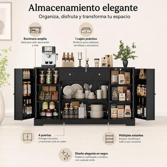 Zocalo Gabinete Con 4 Puertas Y Cajón Mueble De Cocina De Madera, Negro
