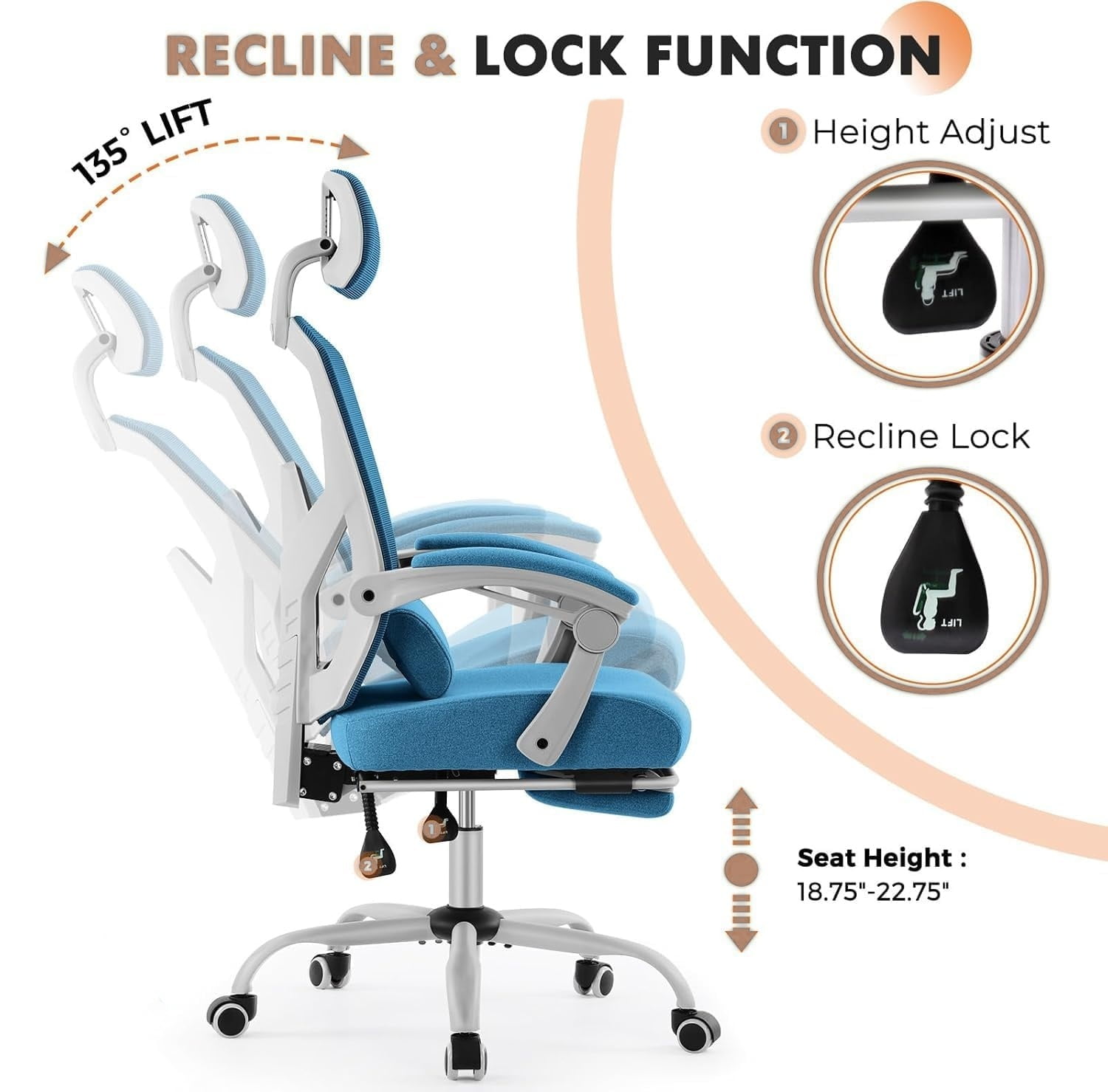 Office Computer Desk Chair, High-Back Ergonomic Mesh Swivel Chair with Lockable Recline, Adjustable Lumbar Support, Retractable Footrest & Padded Arms for Home Office, Study, and Gaming, Blue