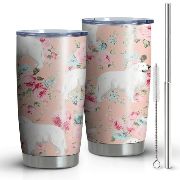 20 Oz Great Pyrenees Dog and Flower Coffee Tumbler Double Wall Insulated Stainless Steel Water Bottle | Metal Reusable Thermoses Flask with Cup Cap | Leak & Sweat Proof with Anti-Dust Lid