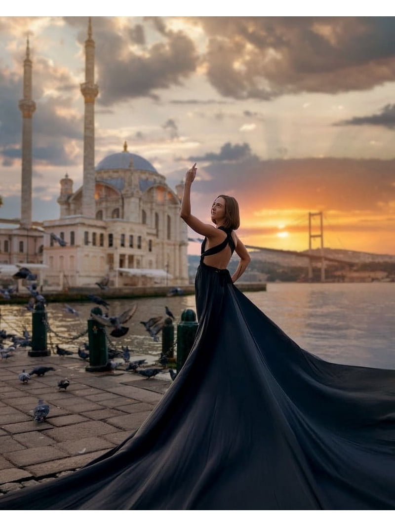 BLACK LONG FLYING DRESSES FOR WOMEN'S PHOTOSHOOT SANTORINI PHOTOSHOOT PRE  WEDDING GOWNS UNIQUE HANDMADE DRESSES - Walmart.com