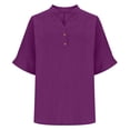 thumbnail image 5 of Wlynlyn Cotton Linen Tops for Women Summer Notch V-Neck Button Dressy Casual Shirts Loose Fitted Solid Color Beach Tees Shirts, 5 of 9