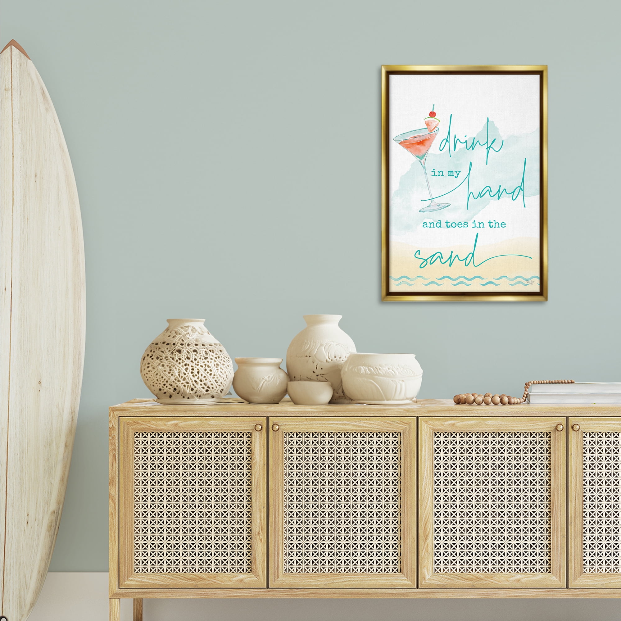 Stupell Industries Drink & Sand Beach Sentiment Text & Numbers Painting Gold Floater Framed Canvas Art Print Wall Art, 21 x 31