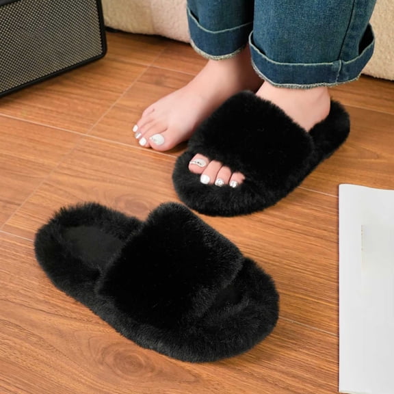 Viluyesy Womens Slide Slippers Wide Strap Open Toe Faux Fur Slip On Memory Foam Cushioned Non Slip Warm Indoor House Shoes Soft Cozy Flat Slides Black Size 10