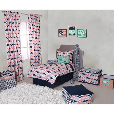 Coral Bedding Set Bacati - Emma Aztec Coral/Mint/Navy 4-Piece Toddler Bedding Set 100% Cotton percale fabrics ()