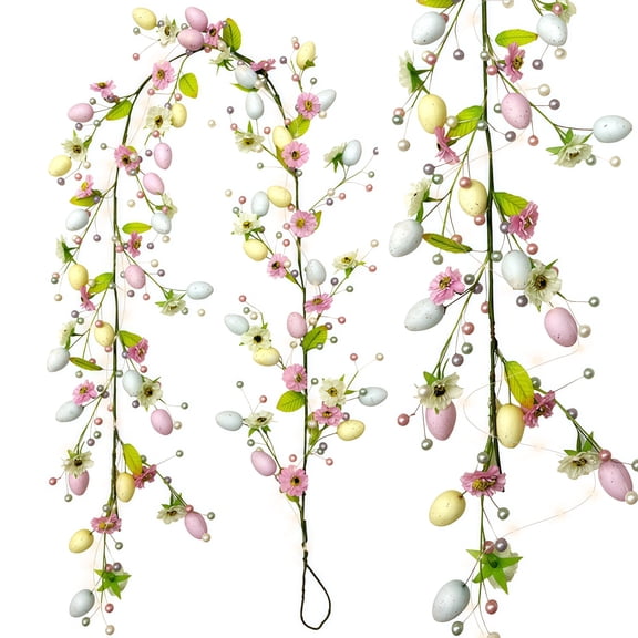 Easter Garland Decoration 6.5 FT Lighted Easter Garland with Easter Eggs,Spring Floral Garland Vine String for Easter Decor Springtime Outdoor Holiday Easter Party