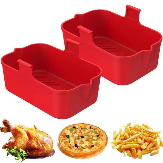2Pcs Air Fryer Silicone Pot avec Poignée Réutilisable Air Fryer Doublure Résistant à la Chaleur Air Friteuse Panier en Silicone Rectangle Cuisson Pan Air Fryer Accessoires Doublures pour Double Panier Air Fryer Ove
