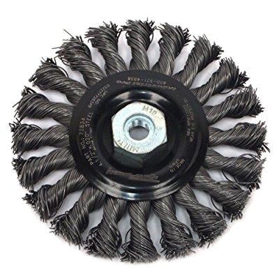 Forney 72834 Wire Wheel Brush  Industrial Pro Twist Knot with M10-by-1.50/1.25 Multi Arbor  4-1/2-Inch-by-.020-Inch