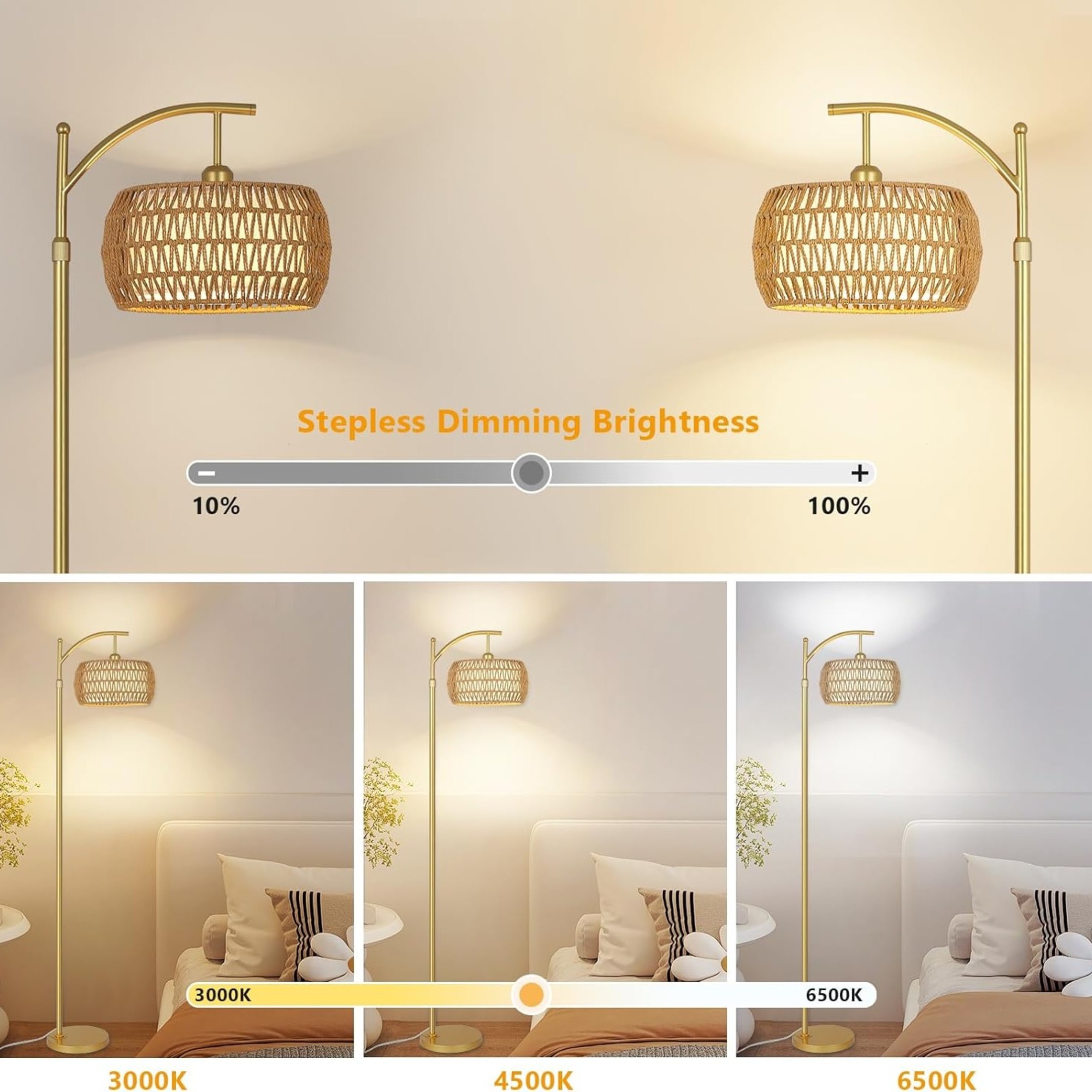Noble House Modern Rattan Floor Lamp, Remote Dimmable, Adjustable Tall & Color Temperatures, Arc Drum Shade, Gold