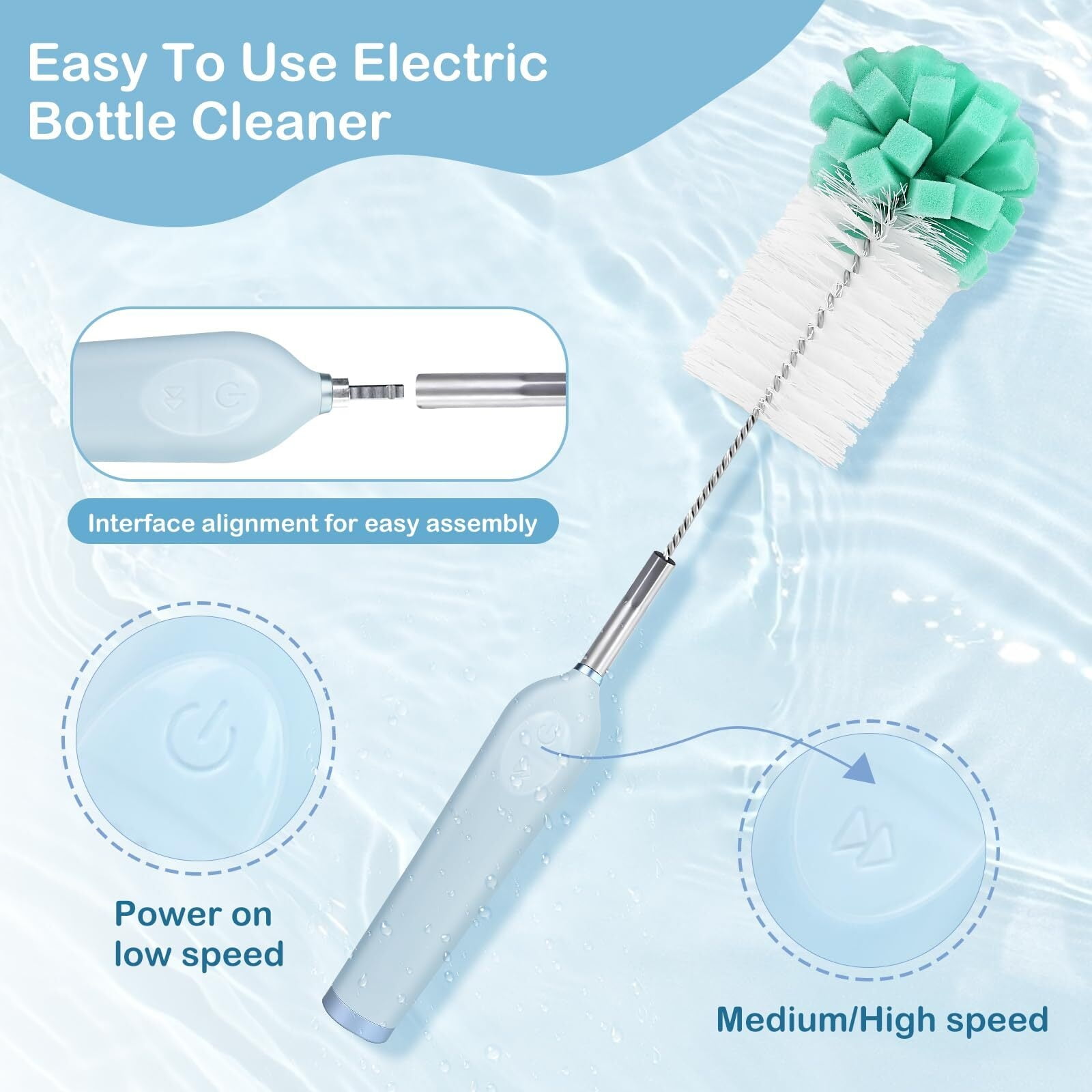 Electric Bottle Brush Cleaner With Holder, Rechargeable Automatic Water Bottle Cleaner With Stainless Steel Extension Handle, Extra Long Water Bottle Brush,Nipple Brush, Straw Cleaner Brush,Green