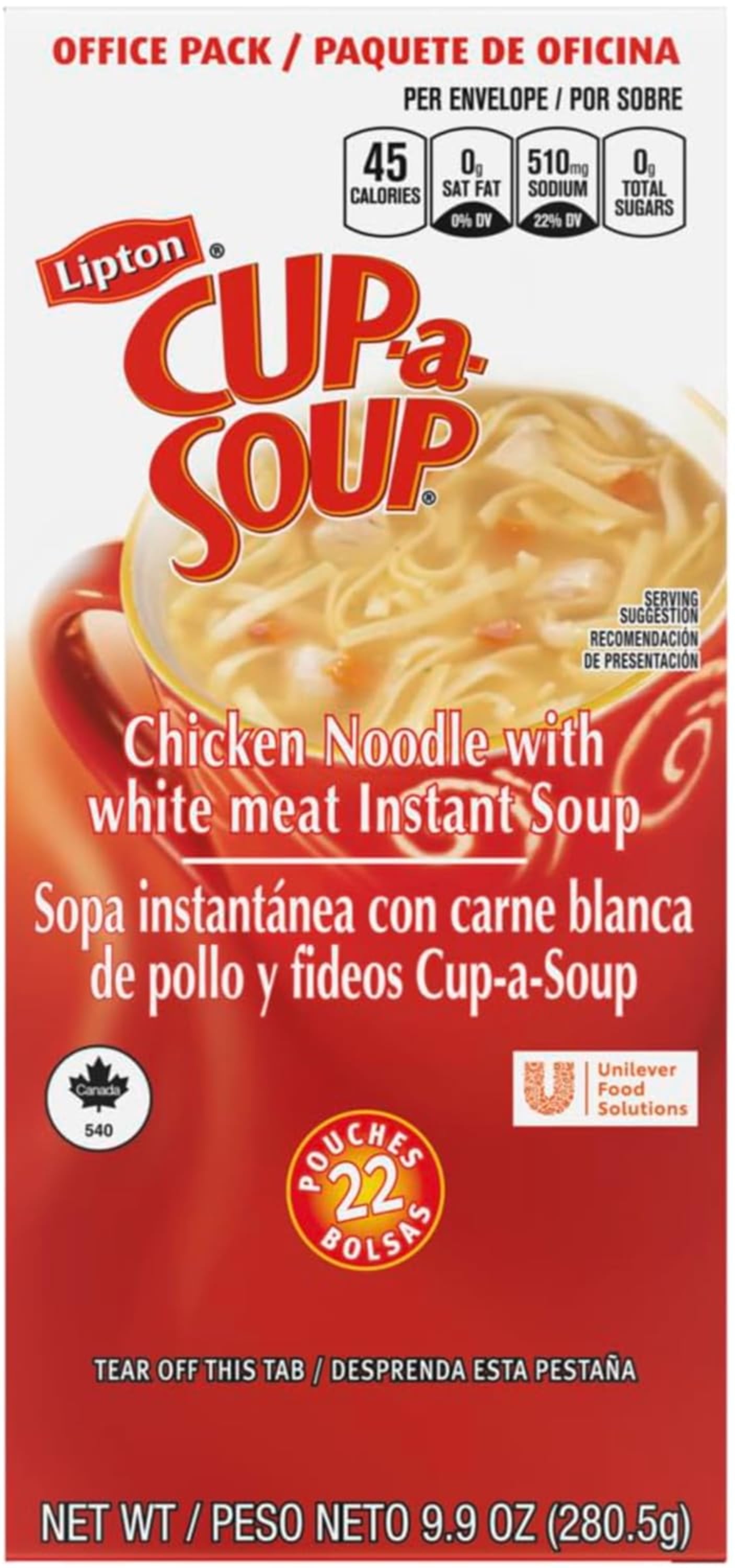 Lipton Cup-A-Soup Chicken Noodle with White Meat, 22 Pouches (Pack of 2), 9.9 oz Each