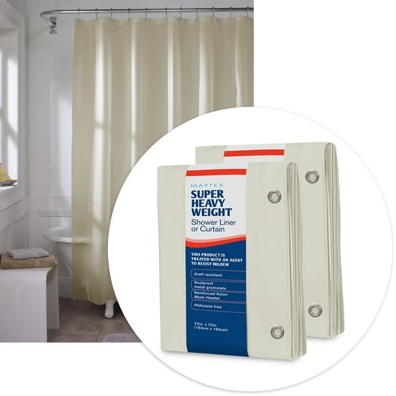 Maytex Premium Super Heavyweight Solid Print Vinyl Shower Curtain Liner, 72" x 72", Beige, Pack of 2