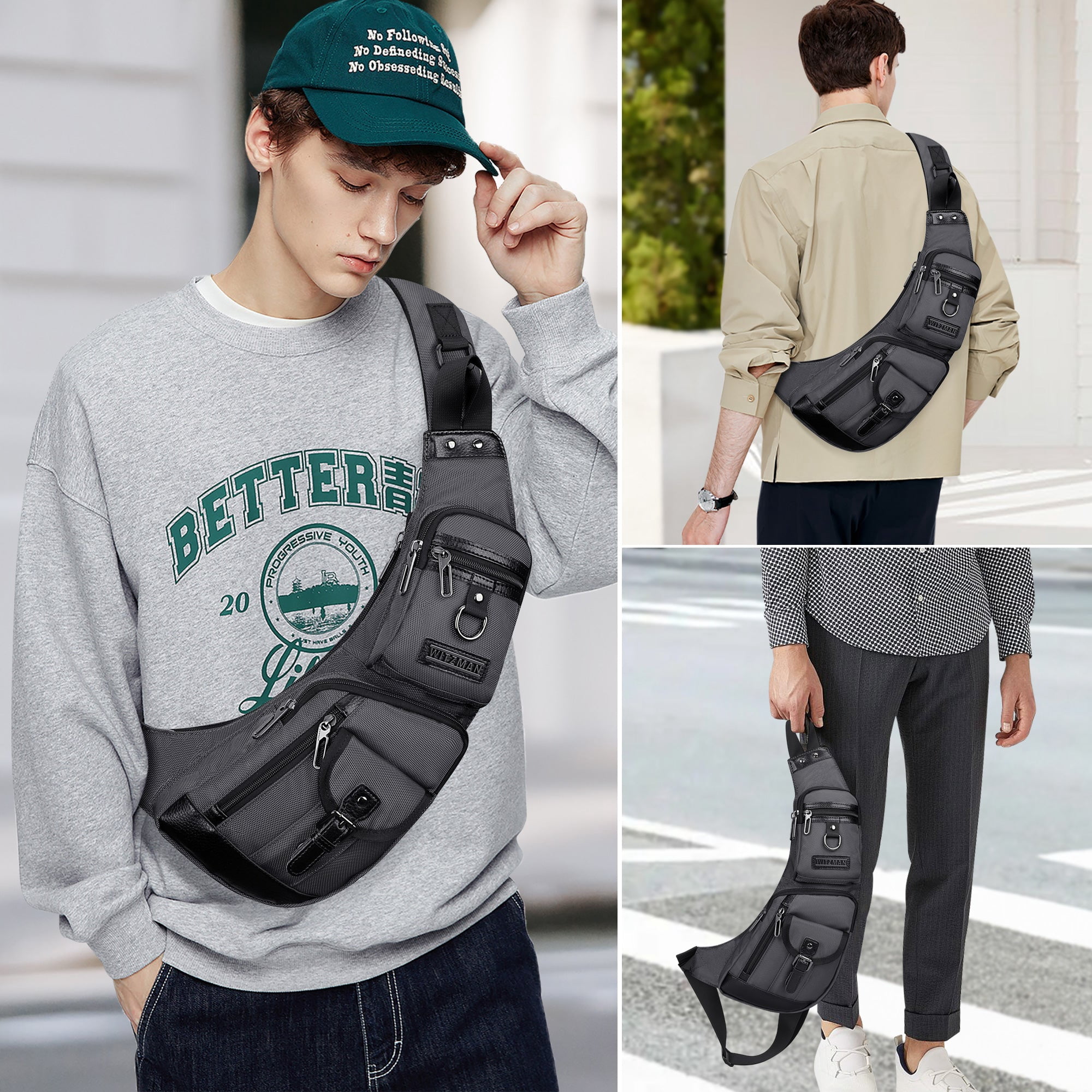 WITZMAN Sling Bag for Men Crossbody Bag Travel Sling Backpack Slim Chest Bag Lightweight Casual Daypac (B702 Silvery Grey)