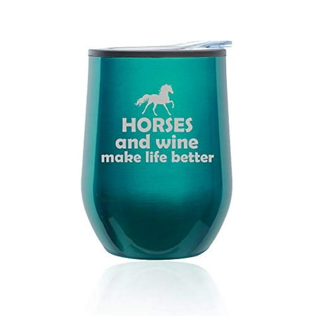 

Stemless Wine Tumbler Coffee Travel Mug Glass with Lid Horses And Wine Make Life Better (Turquoise Teal)